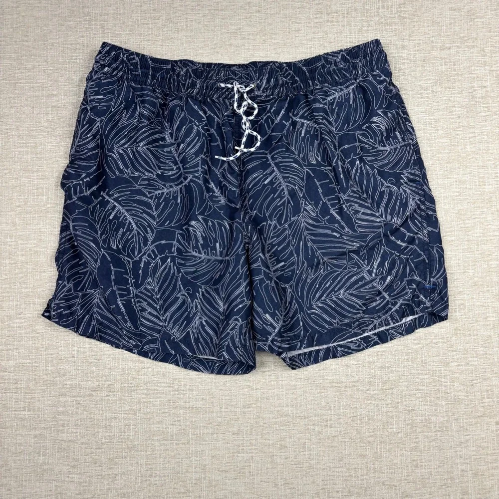 Mens Navy Blue Monstera Leaf Print Swim Trunks Drawstring Board Shorts Size L